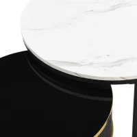2-in-1 Marble Coffee Table with Storage, Glossy Tops, 2 Sliding Drawers, Side Tables for Living Room, 70x70x46/50x50x40 cm, White+Black(m-7)