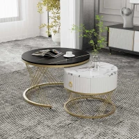 Elegant Nesting Coffee Table Set, Marble Look with Gold Decor, Side Tables for Living Room with Drawers - 70x70x45 cm + 50x50x40 cm, Black(m-1)