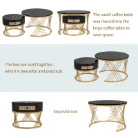 2-in-1 Marble Coffee Table Set with Marble Grain Veneer Top, Rattan Drawers, and Solid Wood Handles, Gold Iron Legs, 70x70x45.5 cm + 50x50x38.5 cm, Black+Gold(m-9)