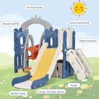5-in-1 Kids Outdoor Play Equipment with Slide, Climbing Toy, Swing, Basketball Hoop, and Storage, 157x150x120 cm, Blue(m-5)