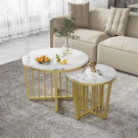Modern Nesting Coffee Table Set, High Gloss Marble Look with Golden Iron Legs, 2 Piece Set, White(m-4)