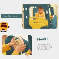 Children's 4-in-1 Outdoor Play Equipment with Slide, Bus, Activity Ladder, Basketball Hoop and Ball, HDPE Material, 171x109.9x100 cm, Green(m-8)