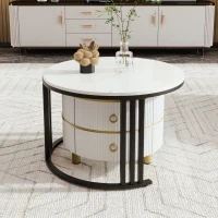 2-in-1 Nesting Table Coffee with Glossy Top and 2 Drawers, Round Modern Coffee Table for Living Room, 70x70x46+50x50x40 cm, White(m-6)
