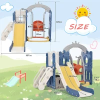 5-in-1 Kids Outdoor Play Equipment with Slide, Climbing Toy, Swing, Basketball Hoop, and Storage, 157x150x120 cm, Blue(m-3)