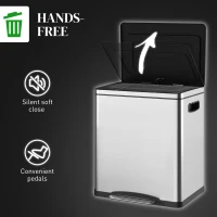 HOMCOM Coș de Gunoi cu 2 Secțiuni de 15L cu Pedală și Capac cu Închidere Lină, 40x34,8x47,5 cm, Argintiu(m-5)