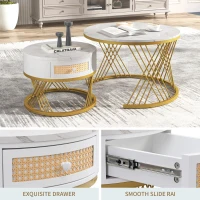 2-in-1 Marble Coffee Table Set with Marble Grain Veneer Top, Rattan Drawers, and Solid Wood Handles, Gold Iron Legs, 70x70x45.5 cm + 50x50x38.5 cm, White+Gold(m-6)