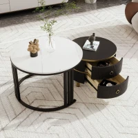 2-in-1 Marble Coffee Table with Storage, Glossy Tops, 2 Sliding Drawers, Side Tables for Living Room, 70x70x46/50x50x40 cm, White+Black(m-5)