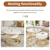 Round Nesting Marble Coffee Table with Storage Drawers, High Gloss Tabletops, Golden Metal Frame, 70x70x45 cm/50x50x38.5 cm, White(m-7)