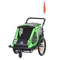HOMCOM Reboque de Bicicleta para Crianças acima de 18 Meses 2 em 1 Carrinho de Passeio de 2 Lugares com Guidão de Altura Ajustável Barra Bandeira e Refletores 160x83x96cm Verde e Preto(m-10)