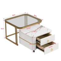 High-Gloss Marble and Glass Nesting Coffee Table with Storage, Handles, Tabletops with Gold Decoration, 60x60x45 cm/50x50x34 cm, White(m-3)