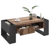 Wood Coffee Table with Handleless Drawer and Double-Sided Storage, Industrial Design Settee Side Table, 106.4x60x40 cm, Black+Gray(m-8)