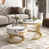 2-in-1 Marble Coffee Table Set with Marble Grain Veneer Top, Rattan Drawers, and Solid Wood Handles, Gold Iron Legs, 70x70x45.5 cm + 50x50x38.5 cm, White+Gold(m-5)