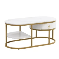 Oval Coffee Table with Marble Look, Golden Iron Frame, Drawers, and Shelves, 100x50x45 cm, White(m-2)