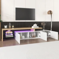 Modern LED Lighting TV Unit with Storage Glass Shelves, High-Gloss Finish, TV Cabinet for Bedroom, Living Room, 192.5x39x42 cm, White(m-5)