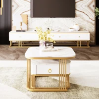 Set of 2 Nesting Coffee Table with High Gloss Top, Gold Accents, and Drawer, Marble Side Table for Living Room, 60x60x45 cm/50x50x34 cm, White(m-5)