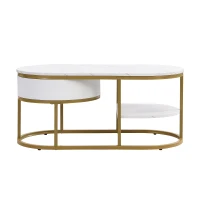 Oval Coffee Table with Marble Look, Golden Iron Frame, Drawers, and Shelves, 100x50x45 cm, White(m-12)