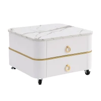 High-Gloss Marble and Glass Nesting Coffee Table with Storage, Handles, Tabletops with Gold Decoration, 60x60x45 cm/50x50x34 cm, White(m-13)