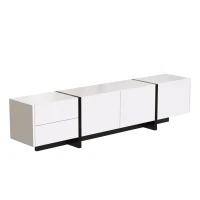 High-Gloss Modern TV Cabinet with Doors and Drawers, Black and White Design, 190x35x45 cm, White(m-8)