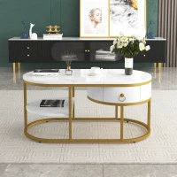 Oval Coffee Table with Marble Look, Golden Iron Frame, Drawers, and Shelves, 100x50x45 cm, White(m-1)