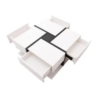 Square Coffee Table with 4 Drawers, Unique Pattern and Bottom Storage, 78x78x36 cm, White(m-8)