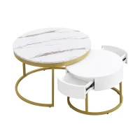 Round Nesting Marble Coffee Table with Storage Drawers, High Gloss Tabletops, Golden Metal Frame, 70x70x45 cm/50x50x38.5 cm, White(m-12)