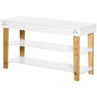 HOMCOM Banco Sapateira de Bambú Banco Sapateira com Baú de Armazenamento e 2 Prateleiras para 6 Sapatos 60x33x50cm Madeira e Branco(m-11)