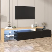 Modern TV Stand with Glass Shelves, LED Lighting, and High-Gloss Finish, 195x39x42 cm, Black(m-4)