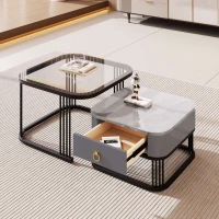 Set of 2 Marble Coffee Table with Black Legs and Drawers, Nesting Coffee Table with High-Gloss Tabletops, 60x60x42 cm+50x50x33.5 cm, Black(m-4)