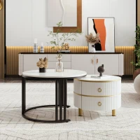 2-in-1 Nesting Table Coffee with Glossy Top and 2 Drawers, Round Modern Coffee Table for Living Room, 70x70x46+50x50x40 cm, White(m-1)