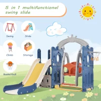 5-in-1 Kids Outdoor Play Equipment with Slide, Climbing Toy, Swing, Basketball Hoop, and Storage, 157x150x120 cm, Blue(m-8)