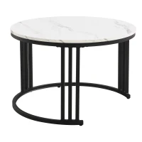 2-in-1 Marble Coffee Table with Storage, Glossy Tops, 2 Sliding Drawers, Side Tables for Living Room, 70x70x46/50x50x40 cm, White+Black(m-14)