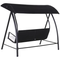 Outsunny Baloiço de Jardim de Vime PE com 3 Lugares Estrutura de Metal Almofada Toldo Ajustável Balcão Terraço Patio Carga Máx. 360kg 198x124x179cm Preto(m-10)