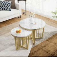 Modern Nesting Coffee Table Set, High Gloss Marble Look with Golden Iron Legs, 2 Piece Set, White(m-5)