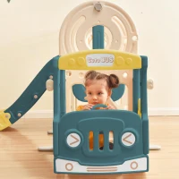 Children's 4-in-1 Outdoor Play Equipment with Slide, Bus, Activity Ladder, Basketball Hoop and Ball, HDPE Material, 171x109.9x100 cm, Green(m-12)