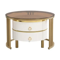 Set of 2 Round Nest of Tables with High-Gloss and Tempered Glass Tops, for Living Room - Brown+White(m-12)