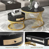 2-in-1 Marble Coffee Table Set with Marble Grain Veneer Top, Rattan Drawers, and Solid Wood Handles, Gold Iron Legs, 70x70x45.5 cm + 50x50x38.5 cm, Black+Gold(m-7)