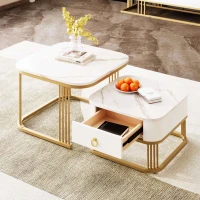 Set of 2 Nesting Coffee Table with High Gloss Top, Gold Accents, and Drawer, Marble Side Table for Living Room, 60x60x45 cm/50x50x34 cm, White(m-4)