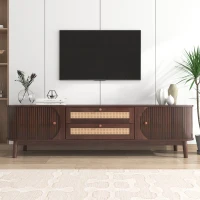 Natural Walnut Modern TV Stand with Rattan Drawers, Solid Wood Doors and Storage Solution, 170x39.5x46 cm, Natural(m-1)