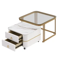 High-Gloss Marble and Glass Nesting Coffee Table with Storage, Handles, Tabletops with Gold Decoration, 60x60x45 cm/50x50x34 cm, White(m-11)