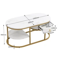 Oval Coffee Table with Marble Look, Golden Iron Frame, Drawers, and Shelves, 100x50x45 cm, White(m-3)