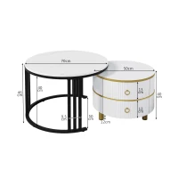 2-in-1 Nesting Table Coffee with Glossy Top and 2 Drawers, Round Modern Coffee Table for Living Room, 70x70x46+50x50x40 cm, White(m-3)