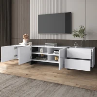 High-Gloss Modern TV Cabinet with Doors and Drawers, Black and White Design, 190x35x45 cm, White(m-5)