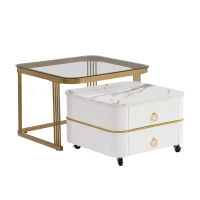 High-Gloss Marble and Glass Nesting Coffee Table with Storage, Handles, Tabletops with Gold Decoration, 60x60x45 cm/50x50x34 cm, White(m-2)