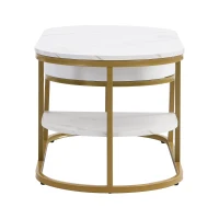 Oval Coffee Table with Marble Look, Golden Iron Frame, Drawers, and Shelves, 100x50x45 cm, White(m-13)