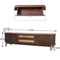 Natural Walnut Modern TV Stand with Rattan Drawers, Solid Wood Doors and Storage Solution, 170x39.5x46 cm, Natural(m-3)