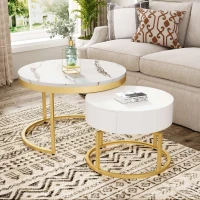 Round Nesting Marble Coffee Table with Storage Drawers, High Gloss Tabletops, Golden Metal Frame, 70x70x45 cm/50x50x38.5 cm, White(m-4)