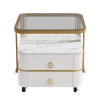 High-Gloss Marble and Glass Nesting Coffee Table with Storage, Handles, Tabletops with Gold Decoration, 60x60x45 cm/50x50x34 cm, White(m-12)
