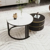2-in-1 Marble Coffee Table with Storage, Glossy Tops, 2 Sliding Drawers, Side Tables for Living Room, 70x70x46/50x50x40 cm, White+Black(m-4)
