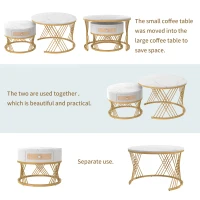 2-in-1 Marble Coffee Table Set with Marble Grain Veneer Top, Rattan Drawers, and Solid Wood Handles, Gold Iron Legs, 70x70x45.5 cm + 50x50x38.5 cm, White+Gold(m-8)