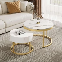Round Nesting Marble Coffee Table with Storage Drawers, High Gloss Tabletops, Golden Metal Frame, 70x70x45 cm/50x50x38.5 cm, White(m-1)